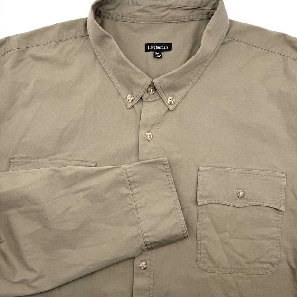 J. Peterman Button Down Men XXL Khaki Tan Long Sleeve Elbow Patch Utility Shirt